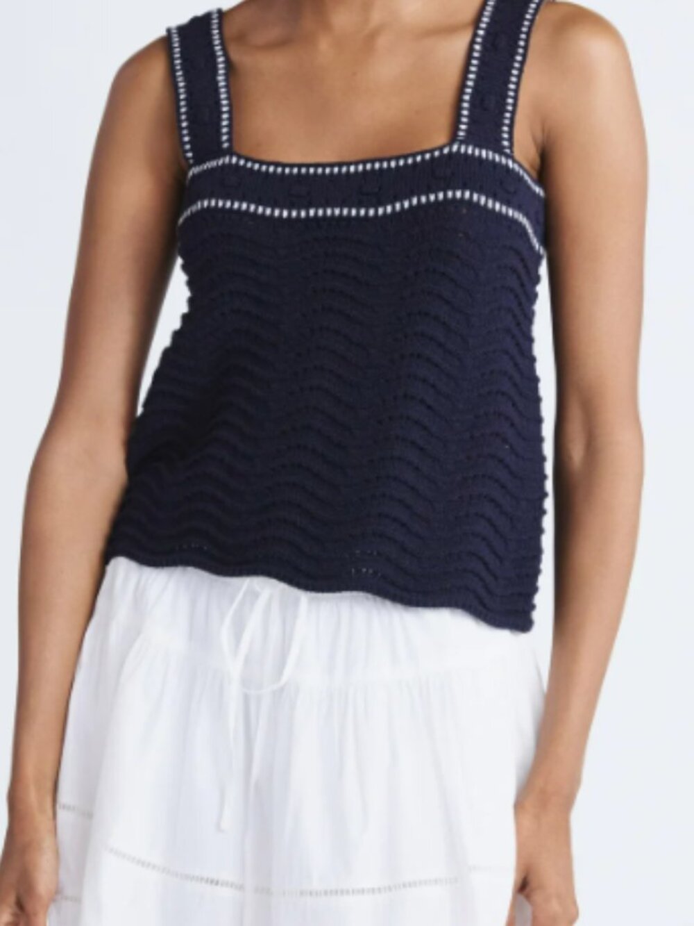 Square-Neck Navy Crochet Tank Top with Contrast Stitch